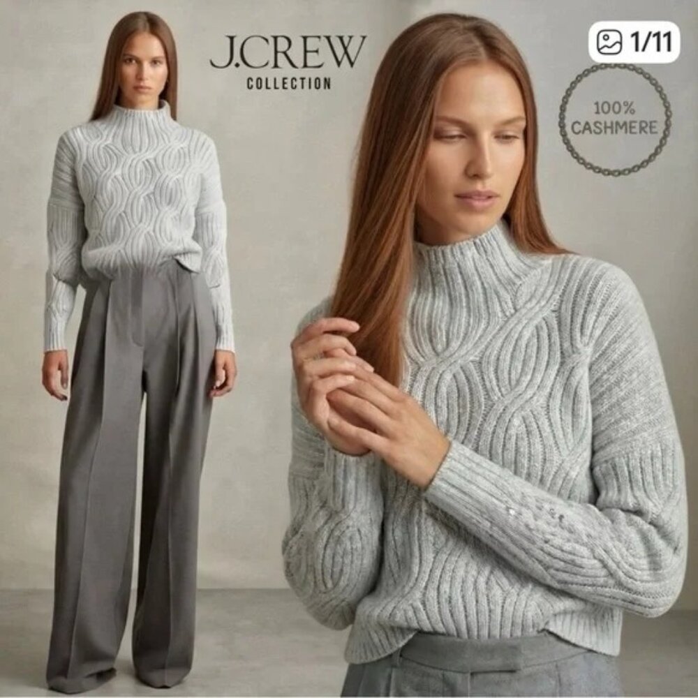 J. Crew Collection Gray Chunky Cable Knit Cashmere Mock Turtleneck Sweater XL